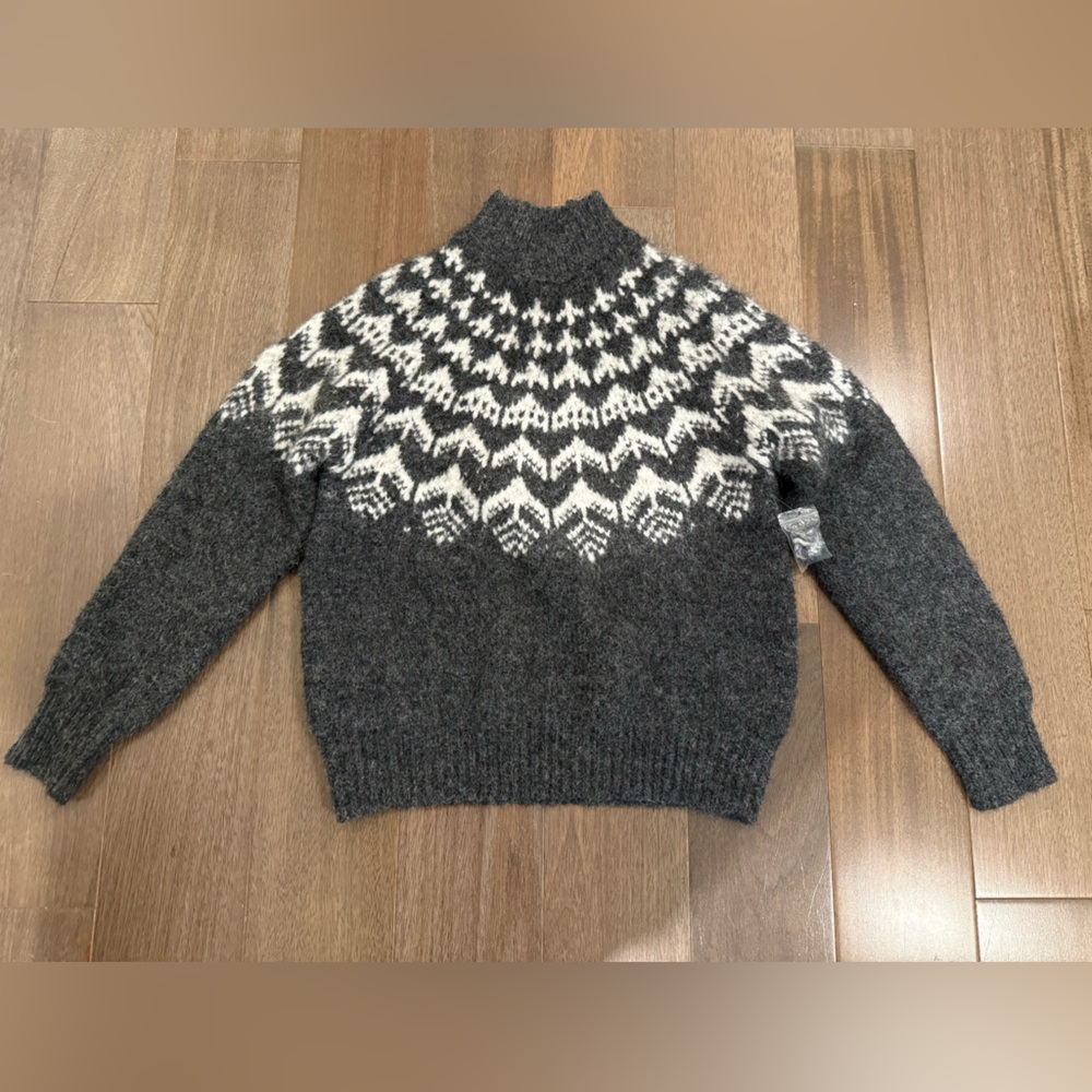 Joie Fair Isle Charcoal and Ivory Mock Neck Sweater